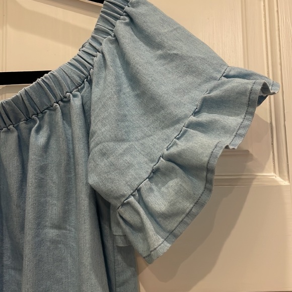 Hem and Thread light weight chambray off the shoulder dress. - Picture 2 of 5